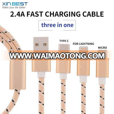 Hot Selling 2.4A Fast Charge 3 In 1 Nylon Braided Usb Charging Cable For Iphone/Type-C/Micro Usb Data Cables